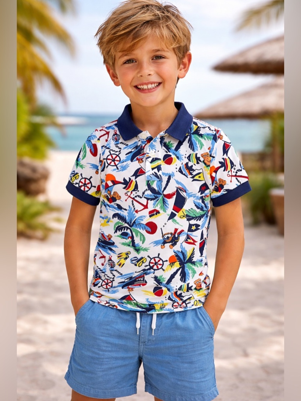 Polo Ralph Lauren Shirt Boys 7 Tropical Bear Nautical Print Beach Summer Novelty